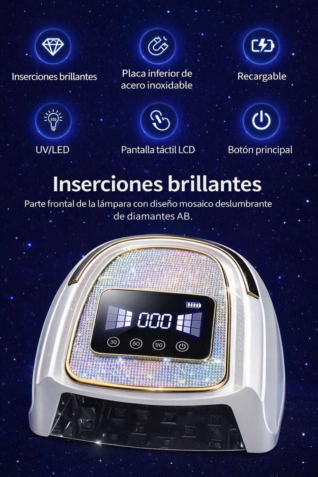 Lámpara UV/LED Phielux Premium Diamantes | Secado Profesional, Inalámbrica y Alta Potencia - Nails Design by Ani Ortiz lampara uv led profesional para uñas con pantalla lcd y diseño diamantes ab